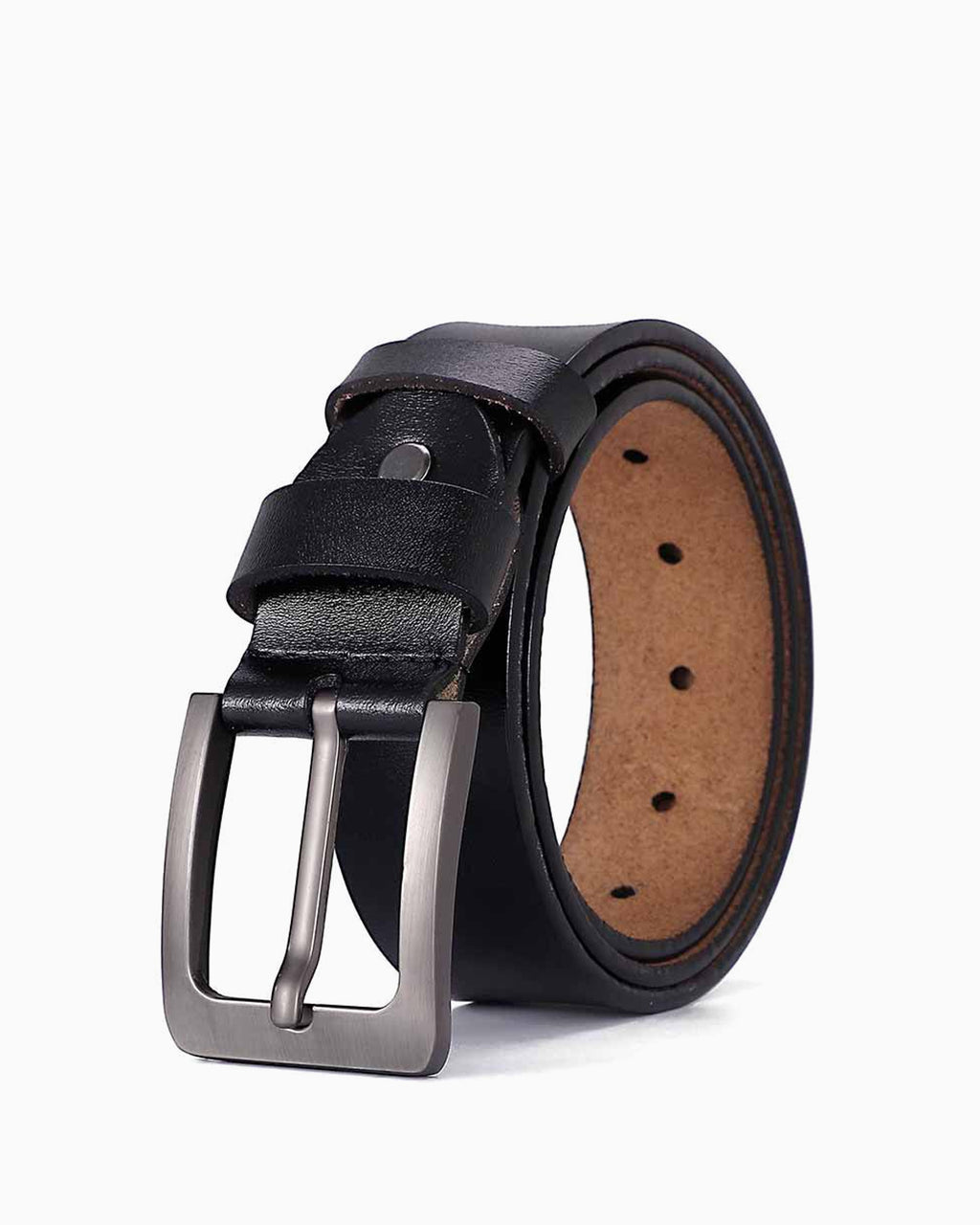 Men's Casual Genuine Leather Black Belt with Polished Buckle