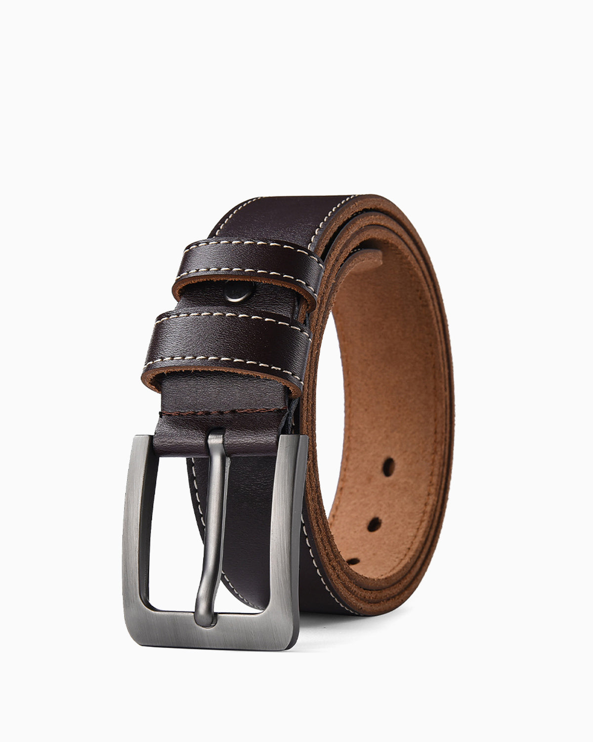 Men's Casual Genuine Leather Brown Belt with Contrast Stitching and Polished Buckle