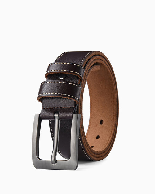 Extended Length Men's Casual Genuine Leather Brown Belt with Contrast Stitching and Polished Buckle
