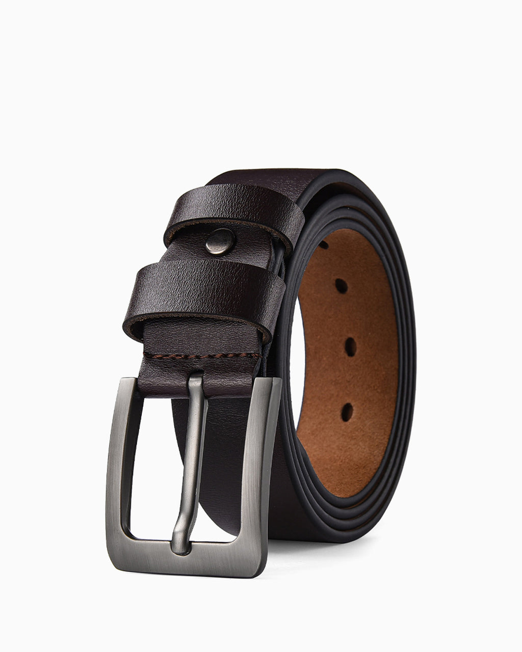 Men's Casual Genuine Leather Brown Belt with Polished Buckle