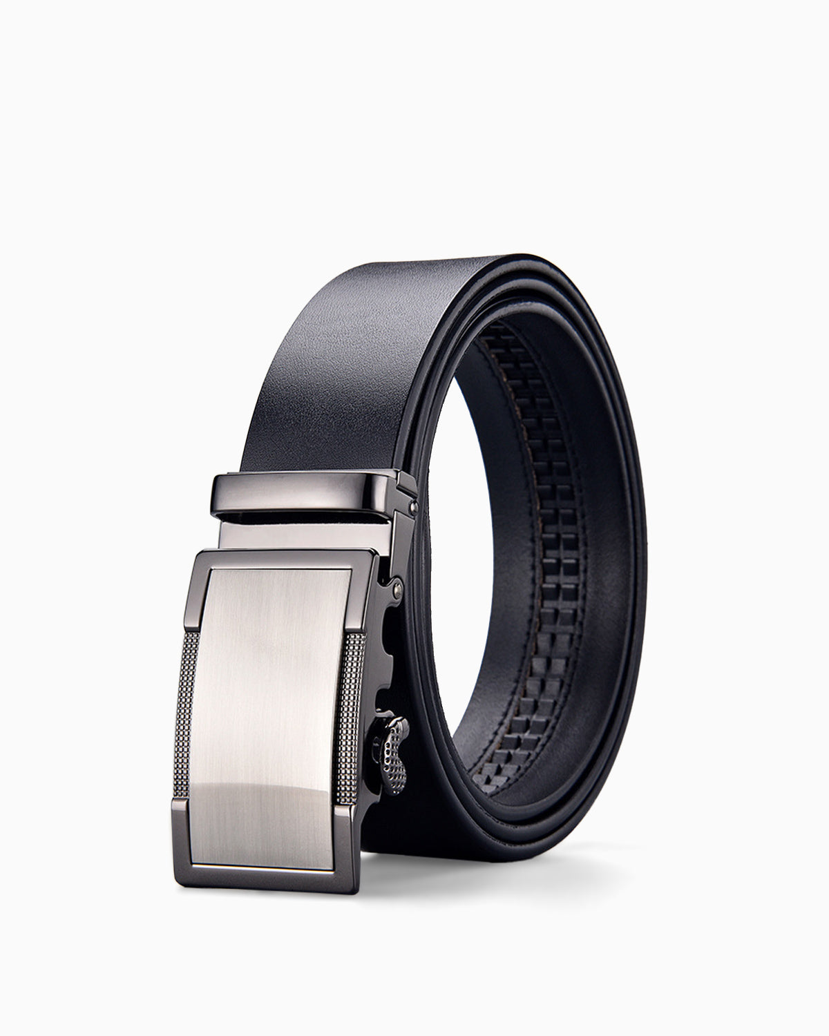 Men's Genuine Leather Ratchet Black Belt with Silver Metallic Buckle