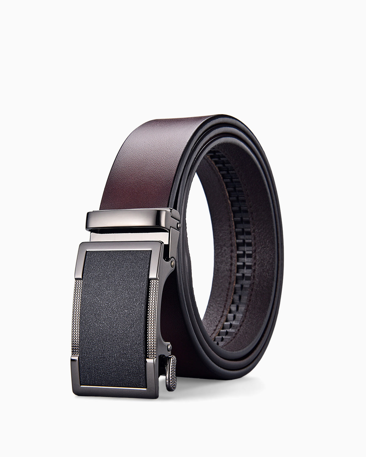 Men's Genuine Leather Ratchet Brown Belt with Black Metallic Buckle