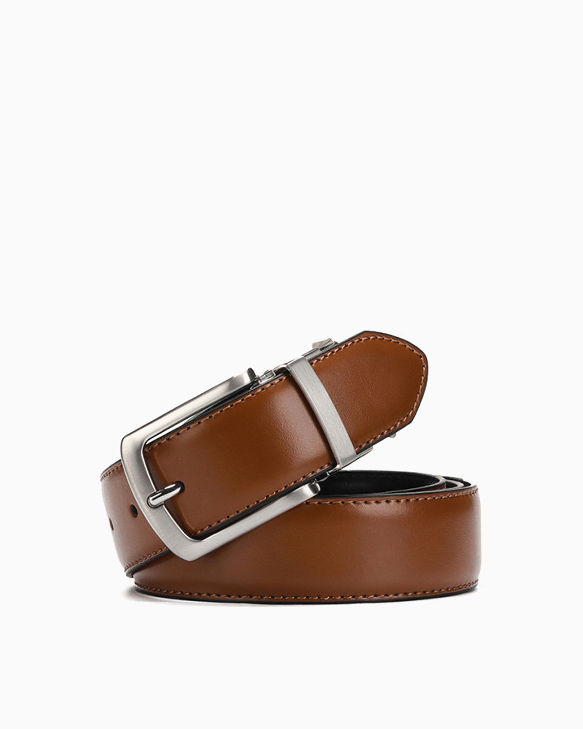 Men's Genuine Leather Reversible Brown Belt with Metallic Pin Buckle