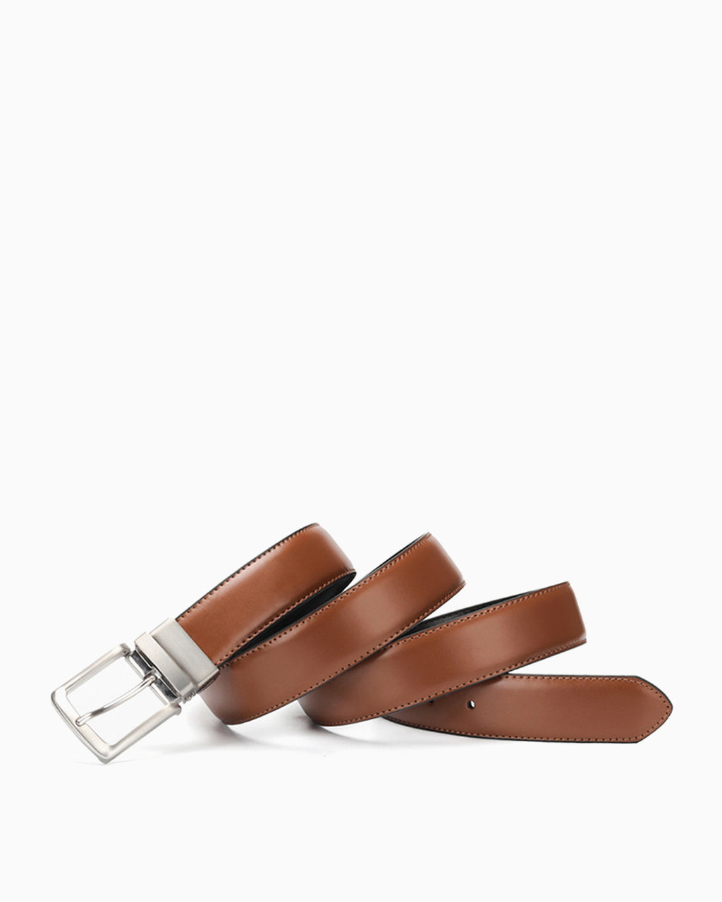 Men's Genuine Leather Reversible Brown Belt with Metallic Pin Buckle