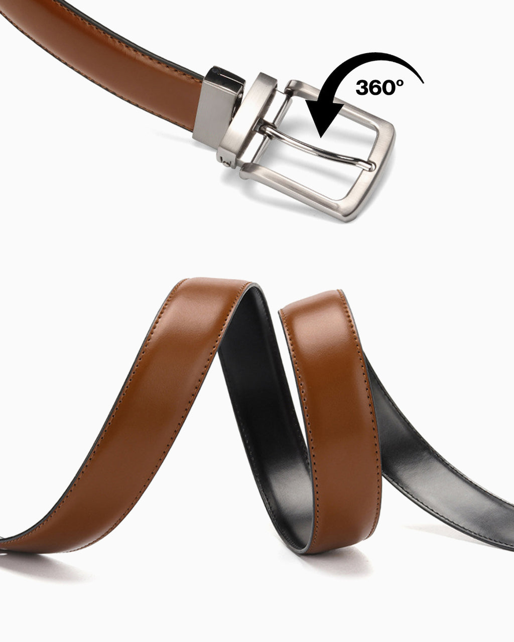 Men's Genuine Leather Reversible Brown Belt with Metallic Pin Buckle