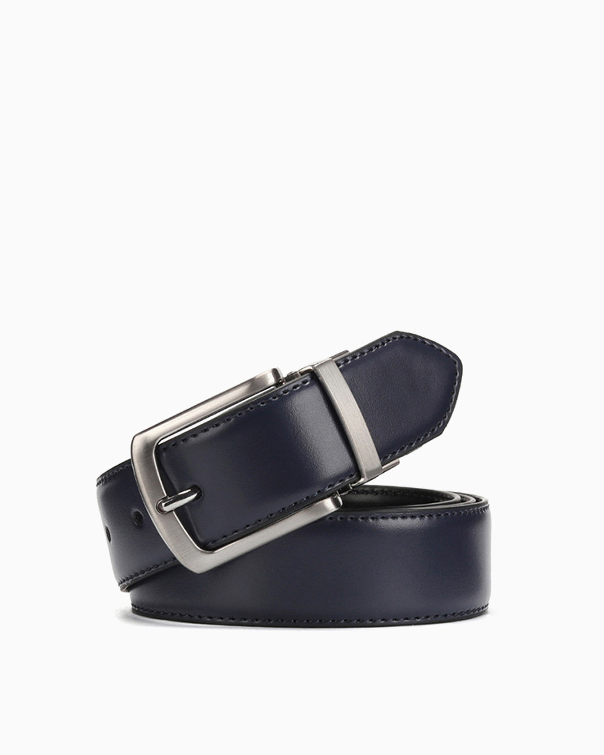 Men's Genuine Leather Reversible Dark Blue Belt with Metallic Pin Buckle