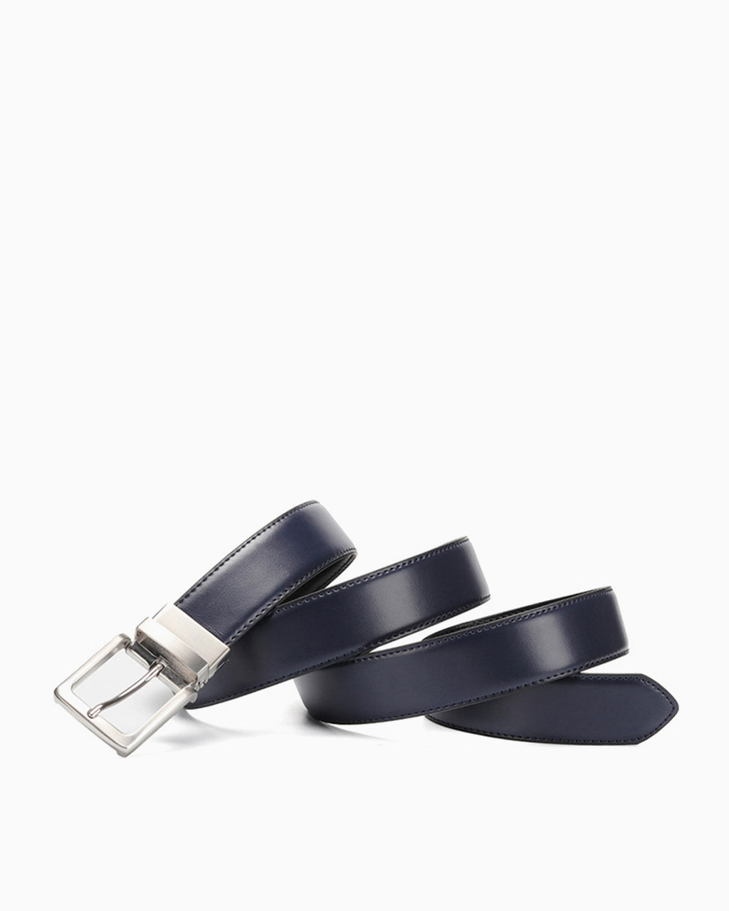 Men's Genuine Leather Reversible Dark Blue Belt with Metallic Pin Buckle