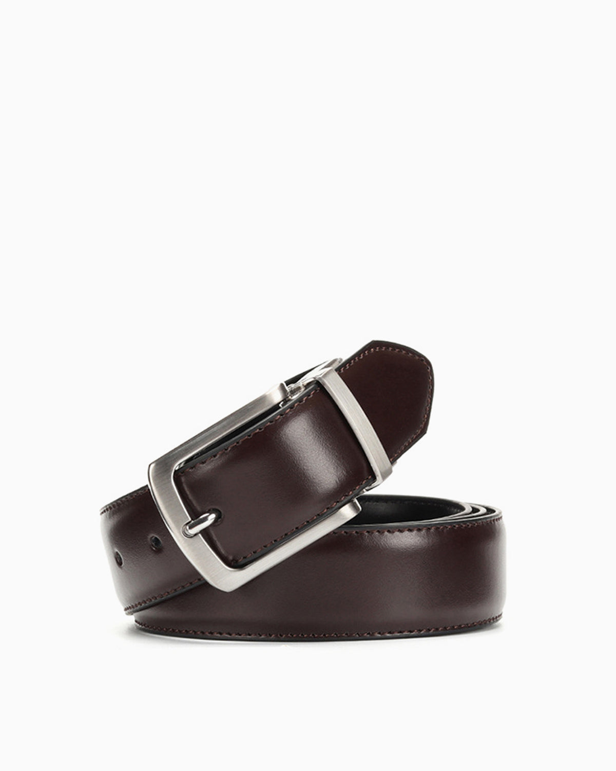 Men's Genuine Leather Reversible Dark Brown Belt with Metallic Pin Buckle