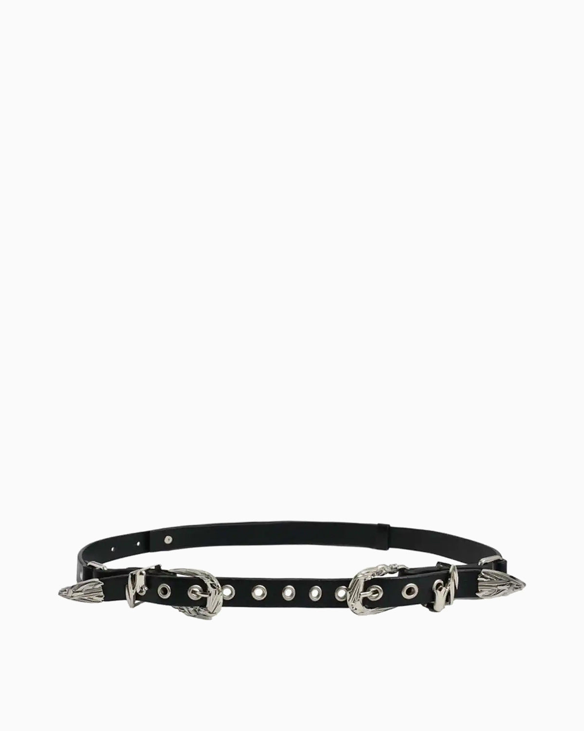 Unisex Black Leather Belt with Sculptural Silver Hardware & Eyelet Detail
