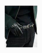 Unisex Black Leather Belt with Sculptural Silver Hardware & Eyelet Detail