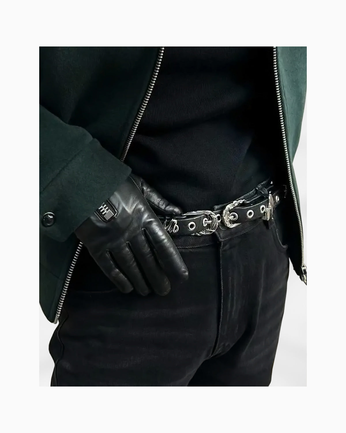 Unisex Black Leather Belt with Sculptural Silver Hardware & Eyelet Detail
