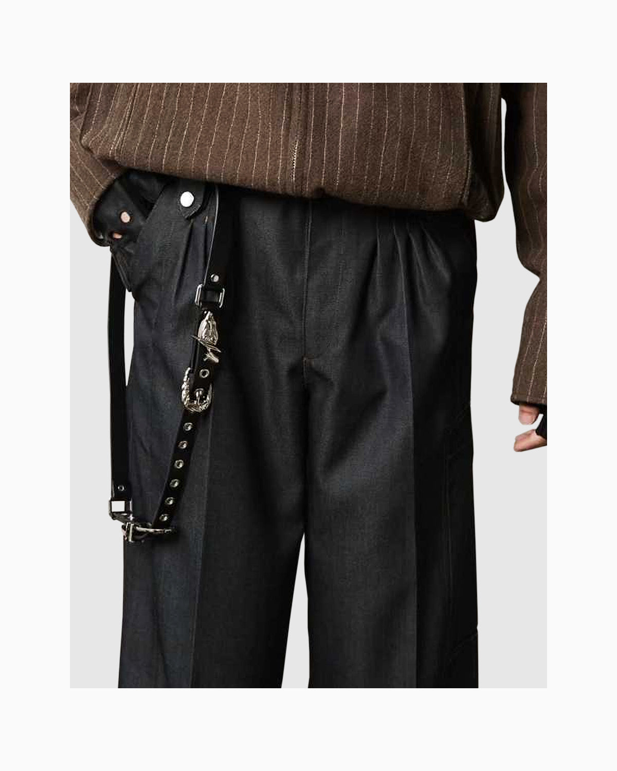 Unisex Black Leather Belt with Sculptural Silver Hardware & Eyelet Detail