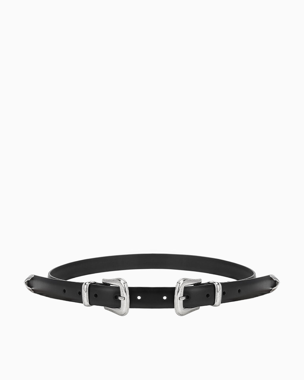 Unisex Double Buckle Black Belt with Polished Silver Hardware