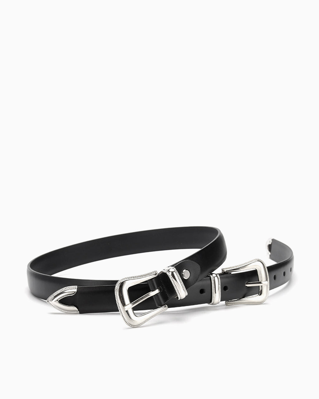 Unisex Double Buckle Black Belt with Polished Silver Hardware