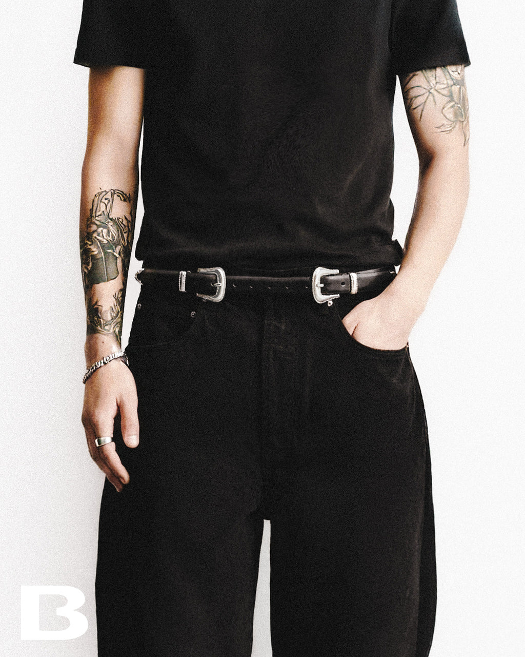Unisex Double Buckle Black Belt with Polished Silver Hardware