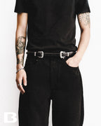 Unisex Double Buckle Black Belt with Polished Silver Hardware