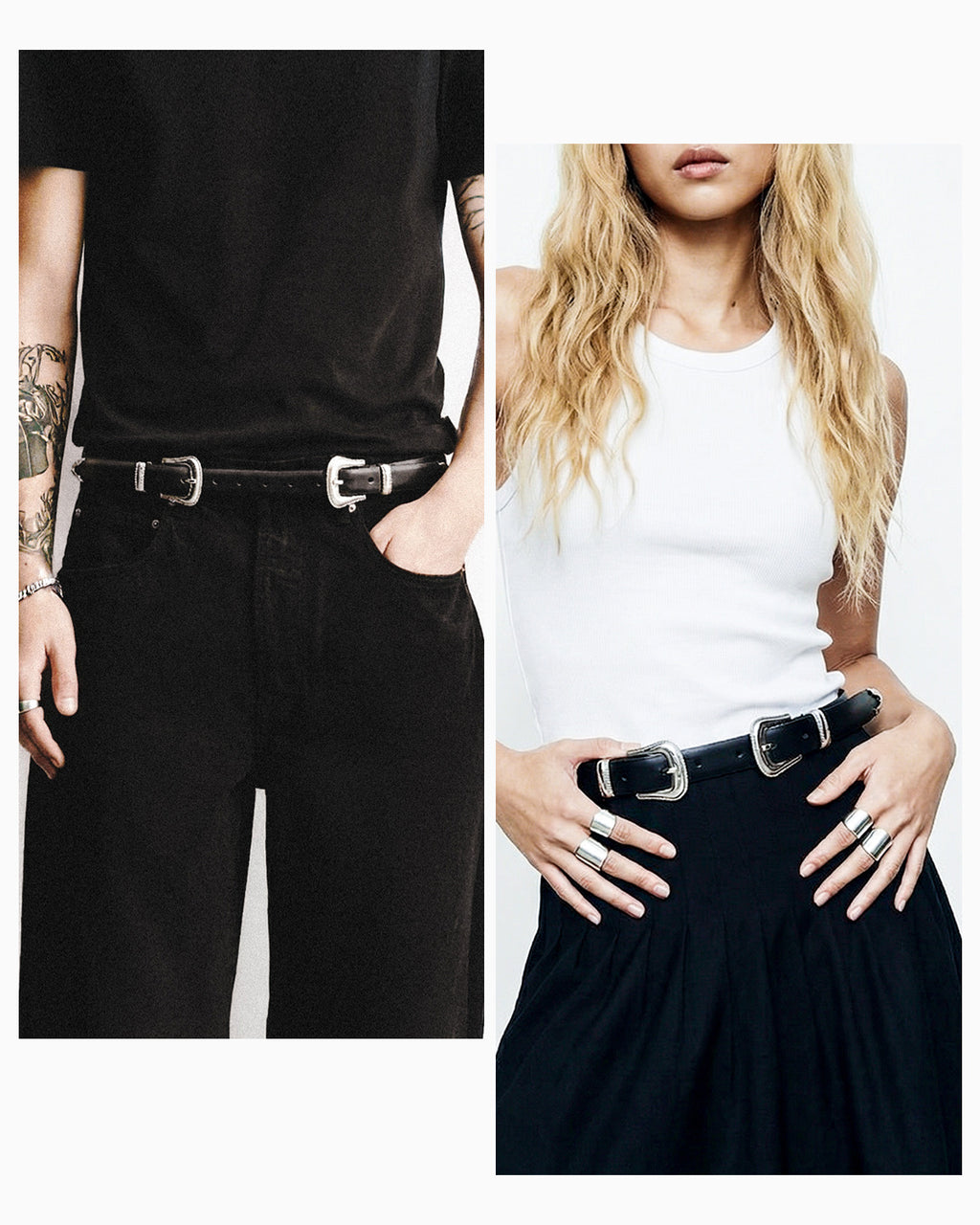Unisex Double Buckle Black Belt with Polished Silver Hardware