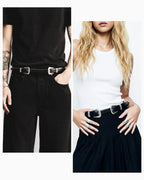 Unisex Double Buckle Black Belt with Polished Silver Hardware