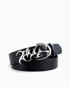A black Goth Metal faux leather belt with a large, ornate silver metal buckle featuring a stylized Gothic or flame-like cutout design