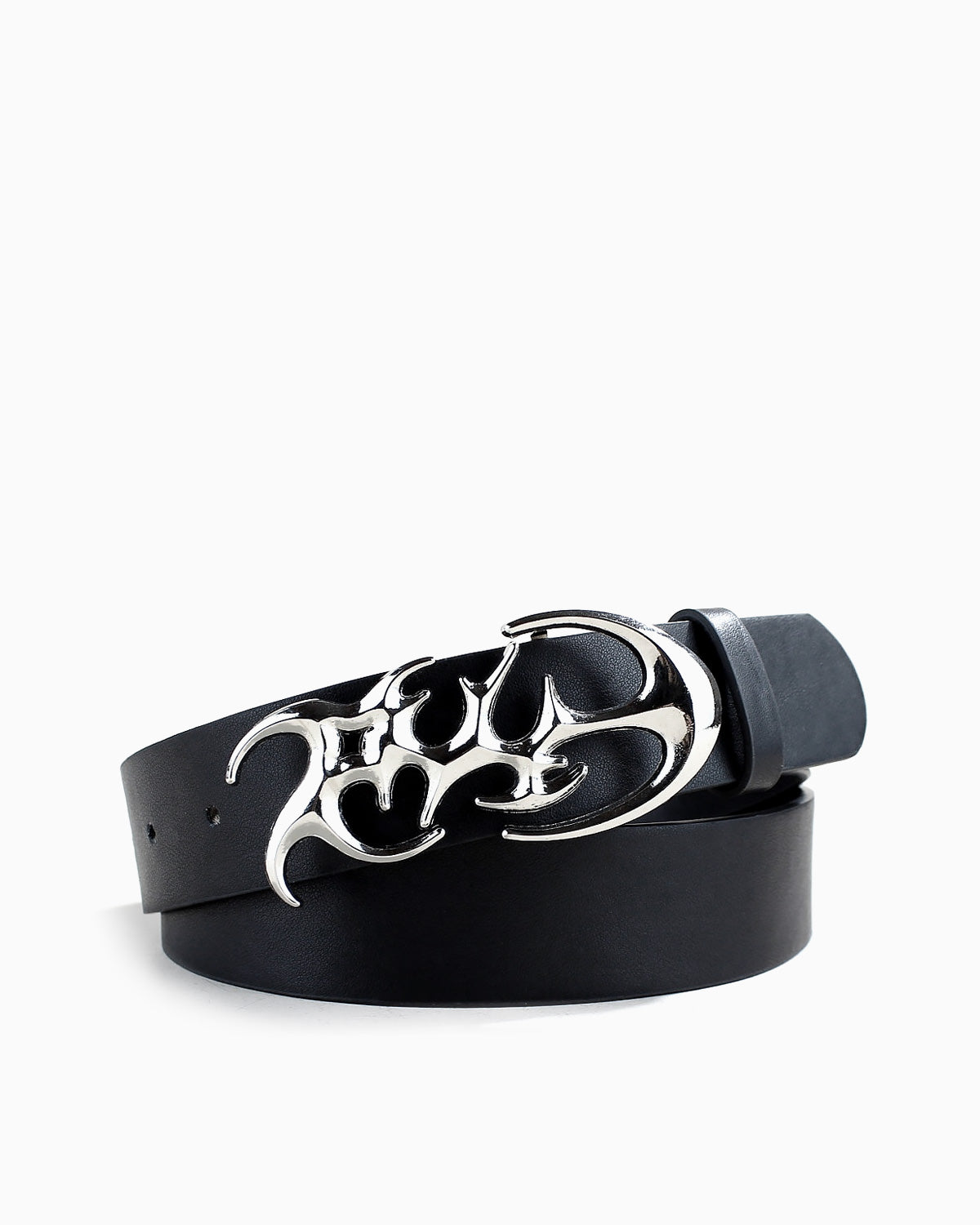A black Goth Metal faux leather belt with a large, ornate silver metal buckle featuring a stylized Gothic or flame-like cutout design