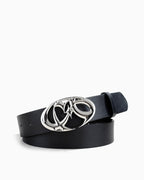 Y2K Punk-inspired black faux leather belt with a large, polished silver-tone metal buckle featuring an interlocking raised star ornament