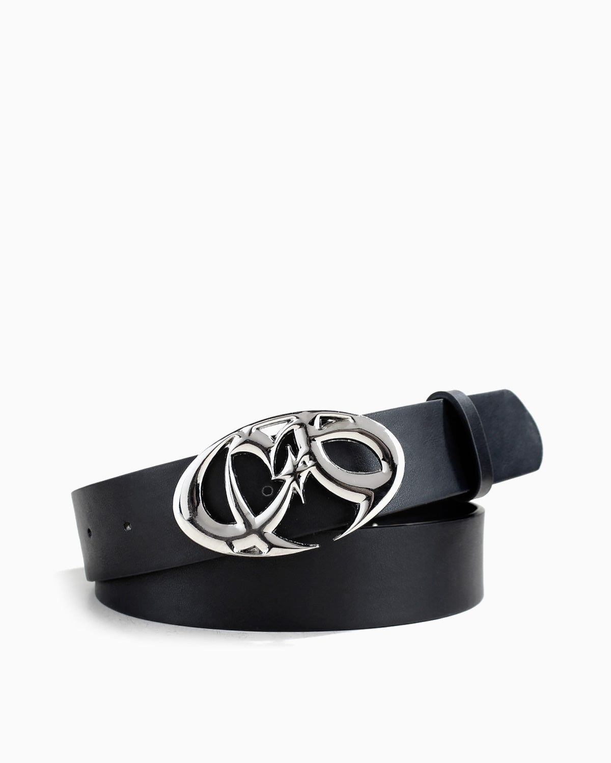 Y2K Punk-inspired black faux leather belt with a large, polished silver-tone metal buckle featuring an interlocking raised star ornament