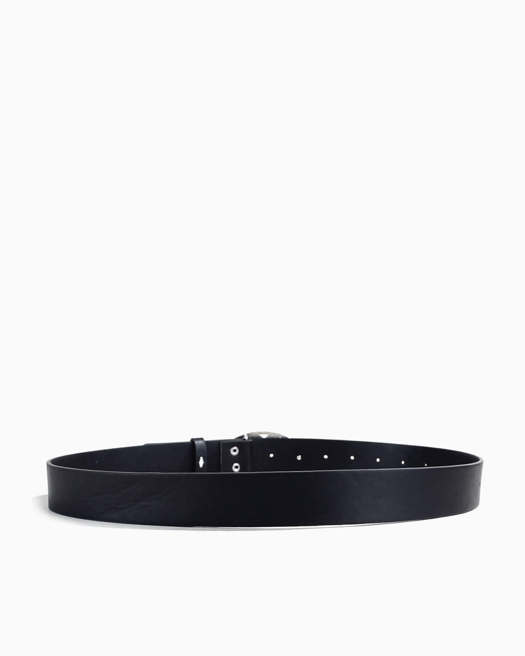A back view of the Y2K black leather belt with a silver-tone buckle, displayed horizontally