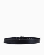 A back view of the Y2K black leather belt with a silver-tone buckle, displayed horizontally