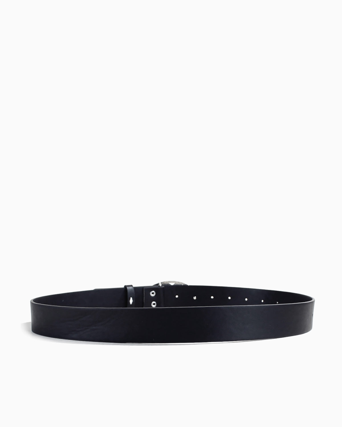 A back view of the Y2K black leather belt with a silver-tone buckle, displayed horizontally