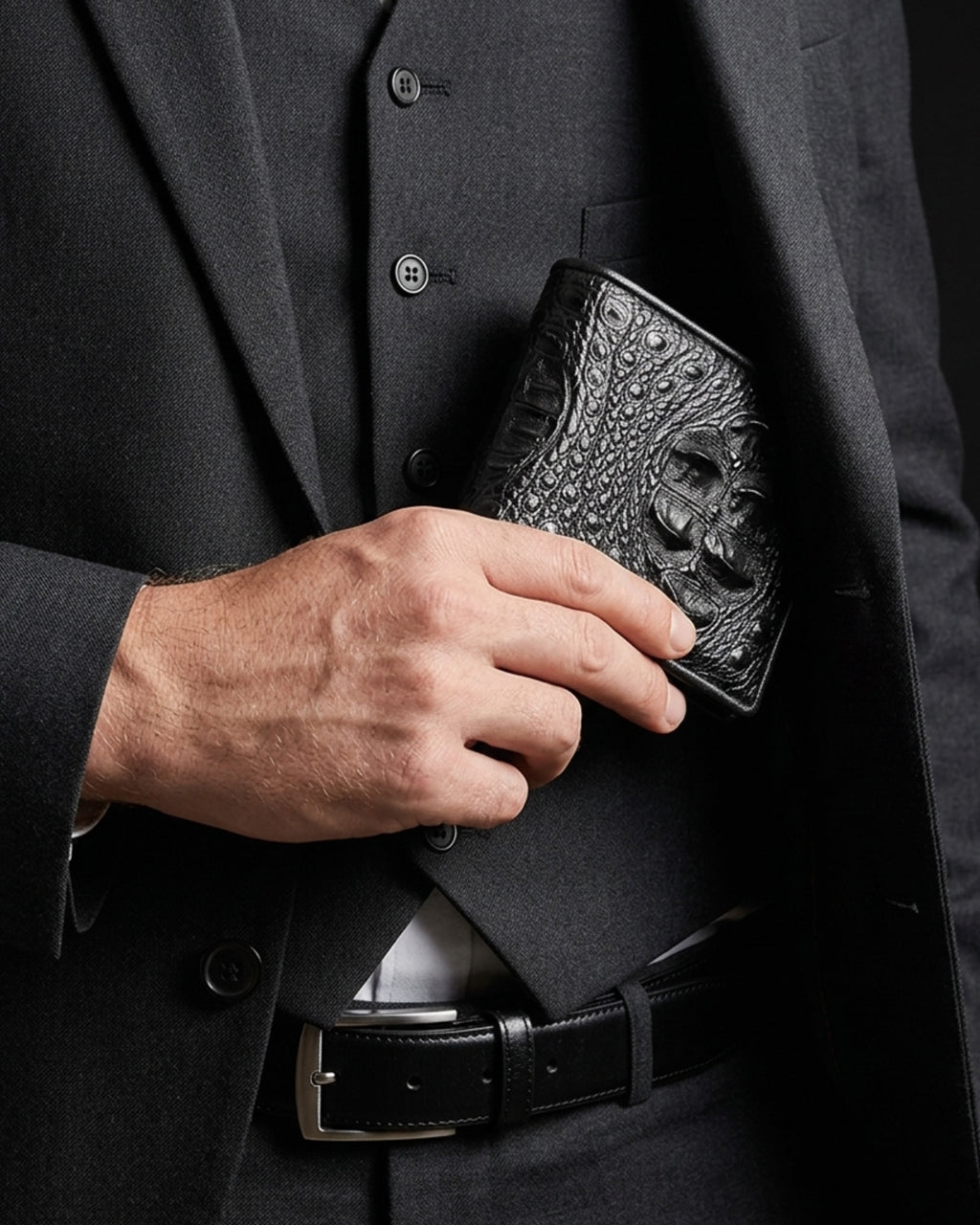A close-up of a man in a black suit holding a Black Genuine Crocodile Leather Wallet
