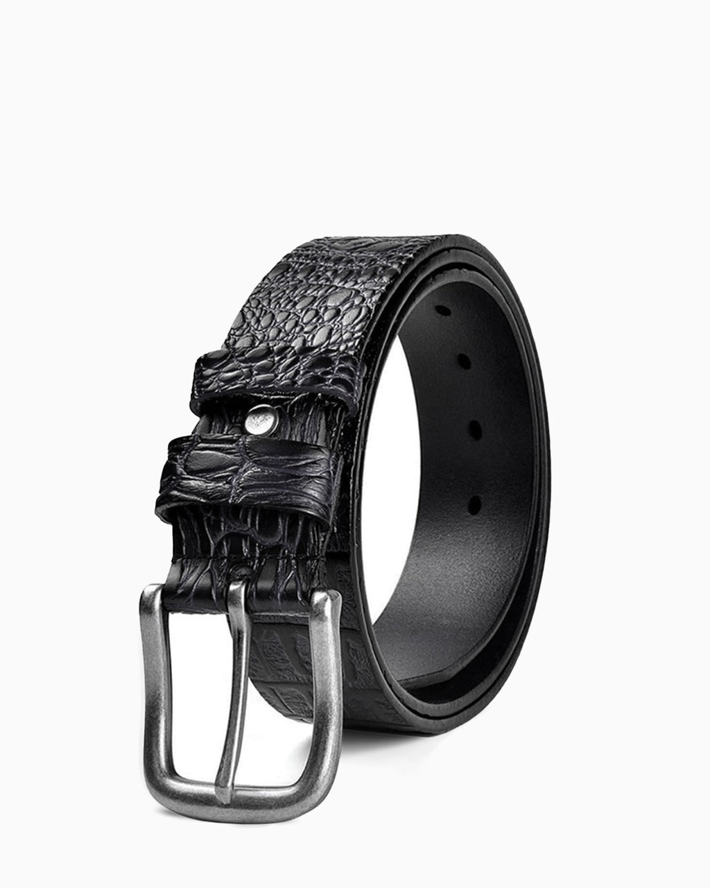 Men's Casual Crocodile-Embossed Pattern Genuine Leather Belt, Black Color