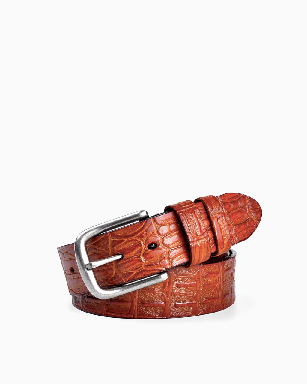 Men's Casual Crocodile-Embossed Pattern Genuine Leather Belt, Orange Color