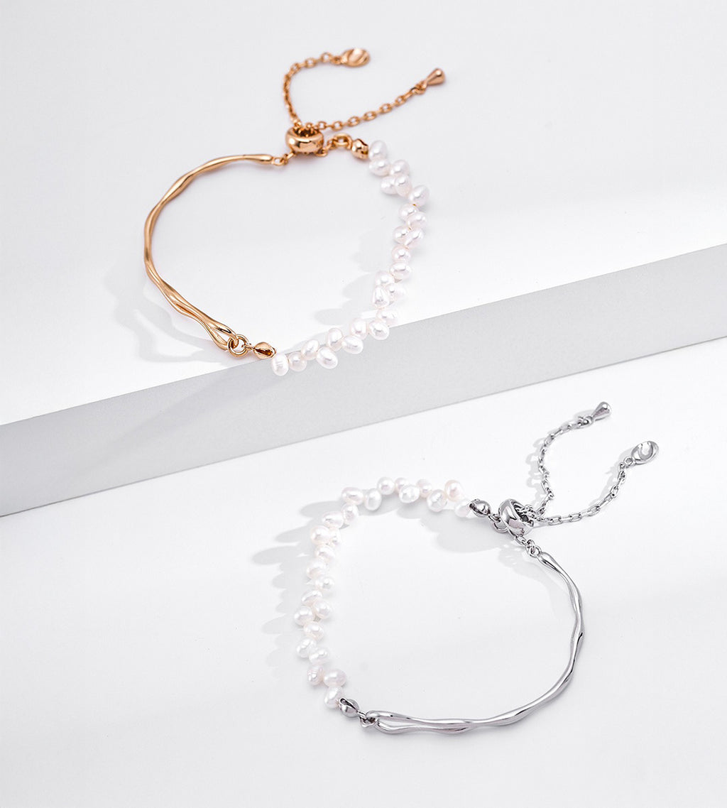 Two 18K Gold / White Gold Plated S925 Silver Adjustable Minimalist Freshwater Pearl Slider Bracelets