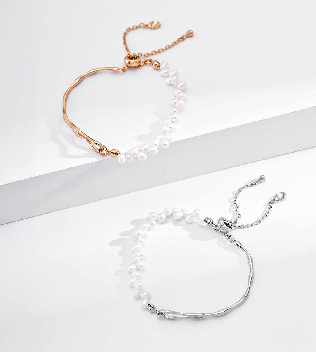 Two 18K Gold / White Gold Plated S925 Silver Adjustable Minimalist Freshwater Pearl Slider Bracelets