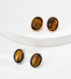 18K Gold-Plated S925 Silver Minimalist Tiger's Eye Oval Stud Earrings, Vintage Gold and White Gold Colors