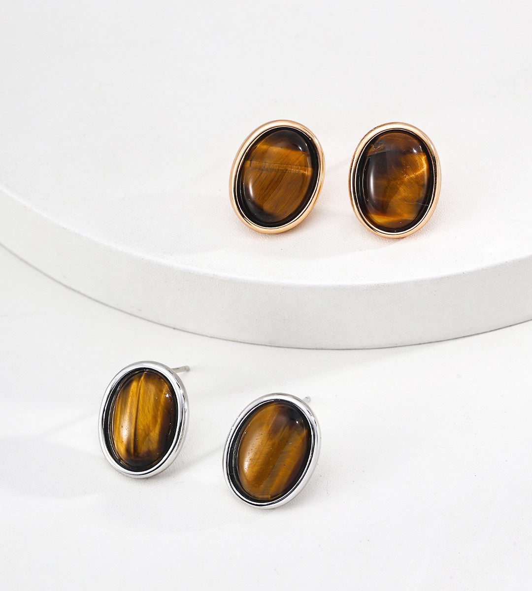 18K Gold-Plated S925 Silver Minimalist Tiger's Eye Oval Stud Earrings, Vintage Gold and White Gold Colors