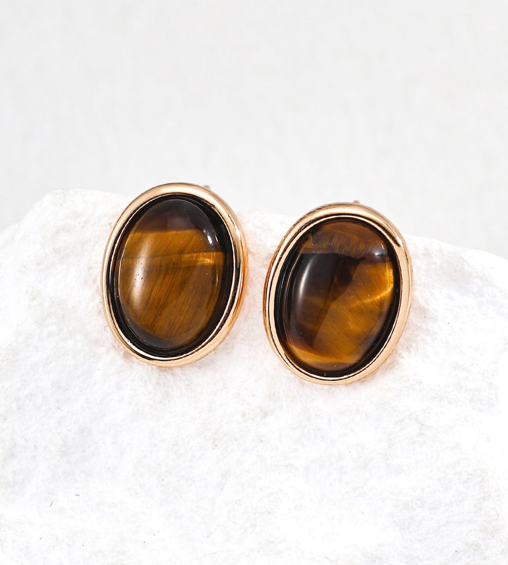 18K Gold-Plated S925 Silver Minimalist Tiger's Eye Oval Stud Earrings, Vintage Gold Color