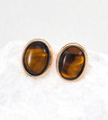 18K Gold-Plated S925 Silver Minimalist Tiger's Eye Oval Stud Earrings, Vintage Gold Color
