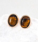 18K Gold-Plated S925 Silver Minimalist Tiger's Eye Oval Stud Earrings, Vintage Gold Color