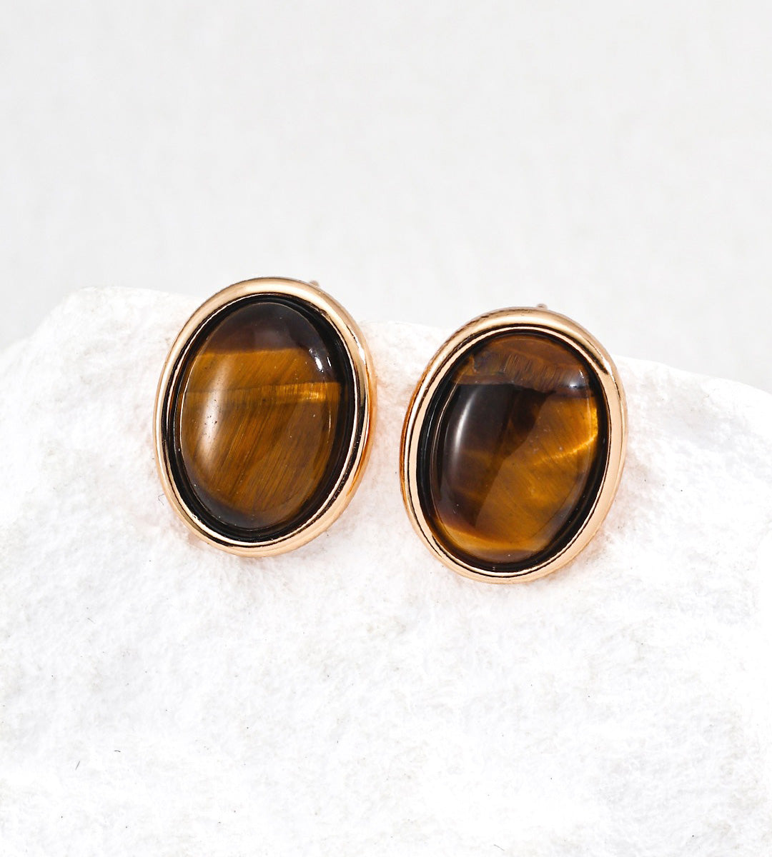 18K Gold-Plated S925 Silver Minimalist Tiger's Eye Oval Stud Earrings, Vintage Gold Color