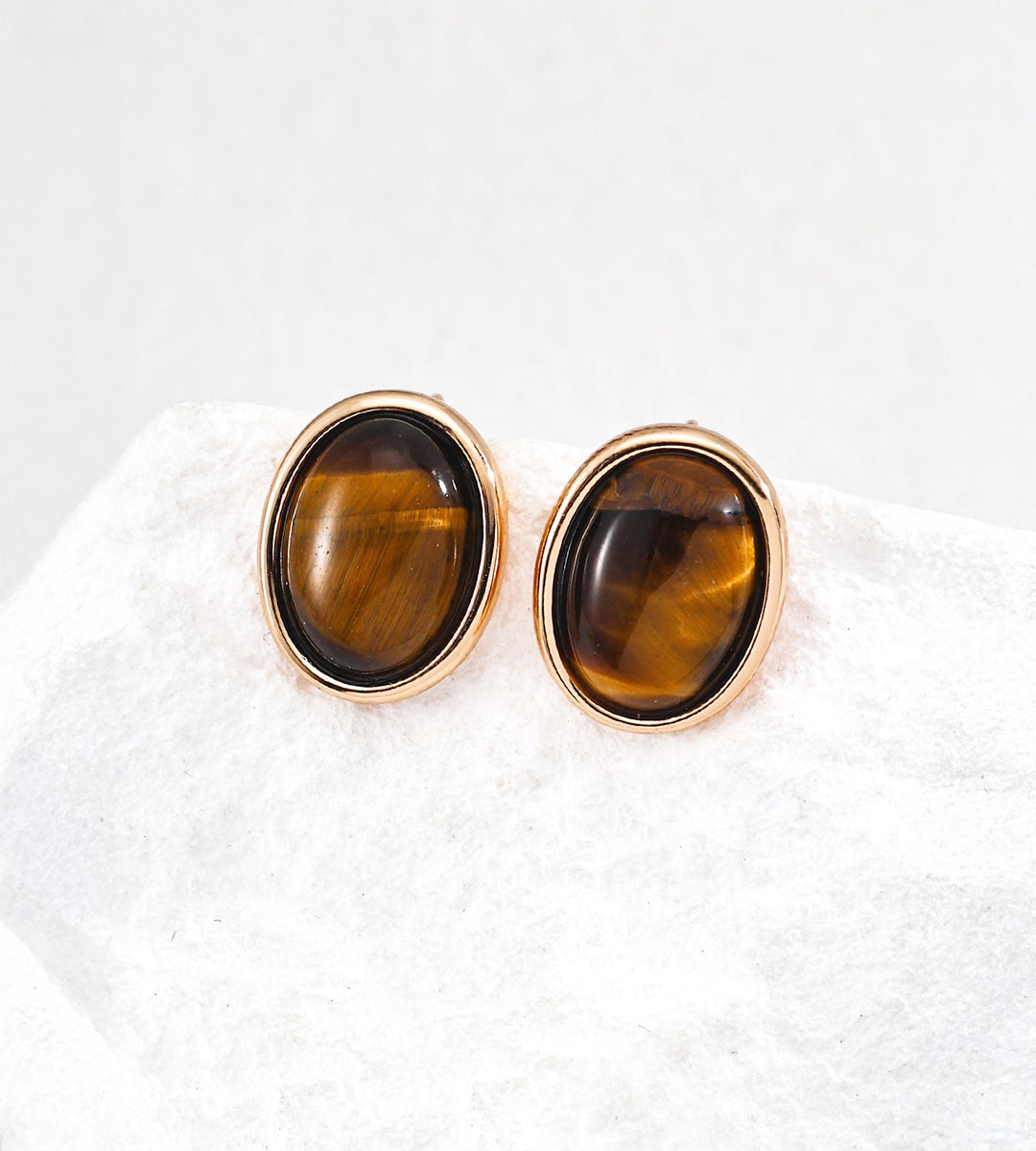 18K Gold-Plated S925 Silver Minimalist Tiger's Eye Oval Stud Earrings, Vintage Gold Color