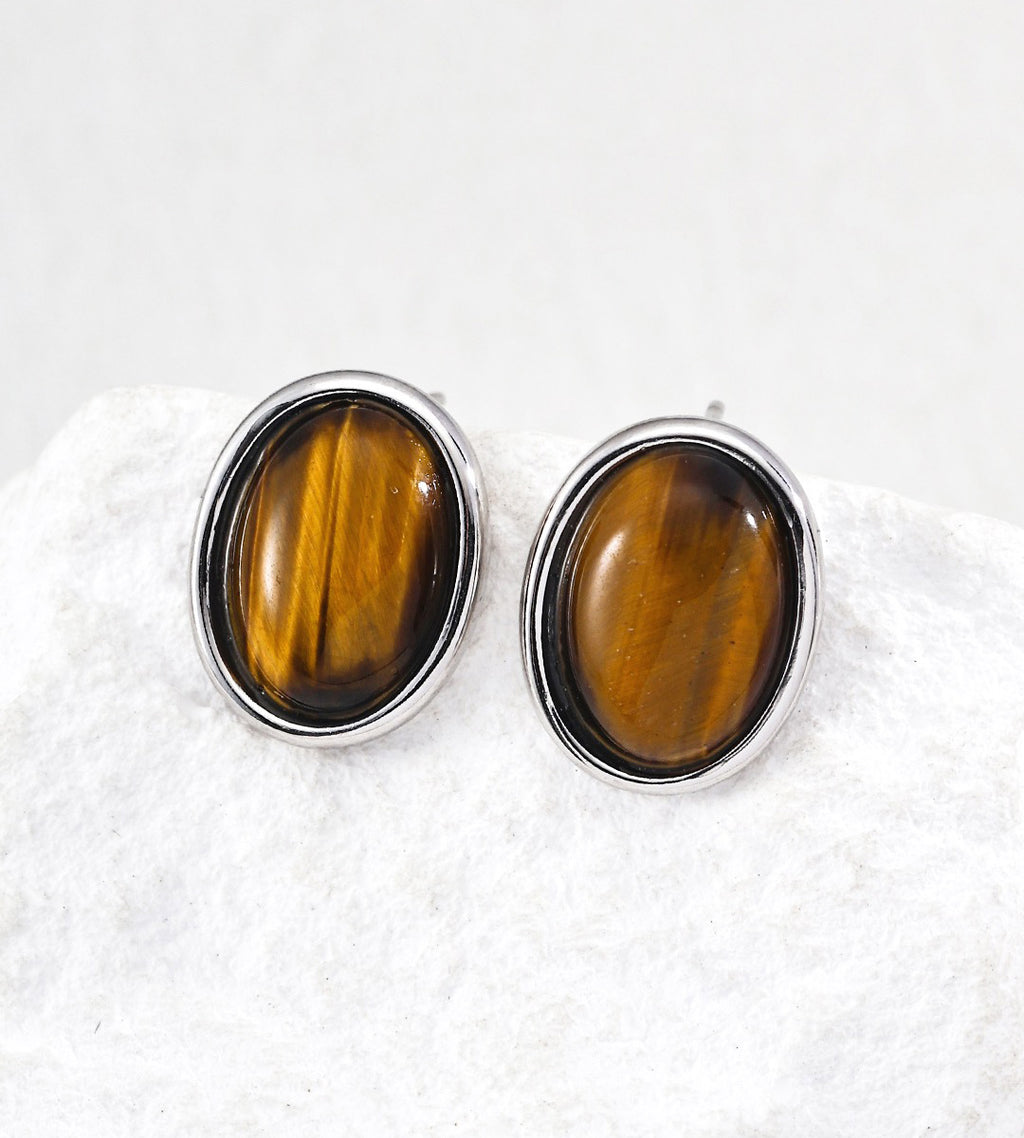 18K Gold-Plated S925 Silver Minimalist Tiger's Eye Oval Stud Earrings, White Gold Color