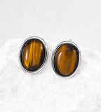 18K Gold-Plated S925 Silver Minimalist Tiger's Eye Oval Stud Earrings, White Gold Color