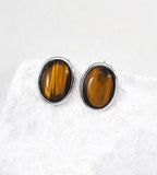18K White-Gold-Plated S925 Silver Minimalist Tiger's Eye Oval Stud Earrings, White Gold Color