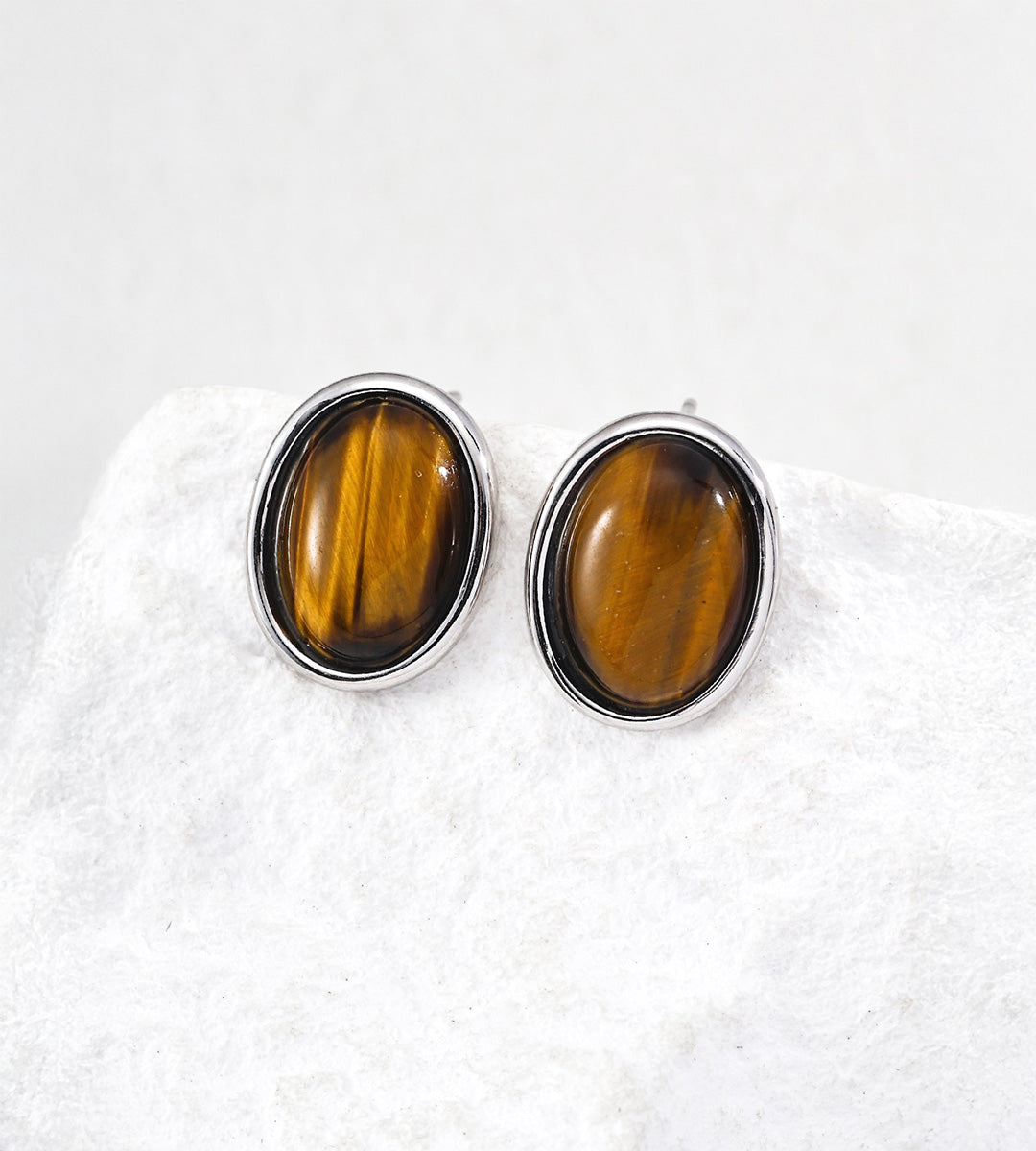 18K White-Gold-Plated S925 Silver Minimalist Tiger's Eye Oval Stud Earrings, White Gold Color