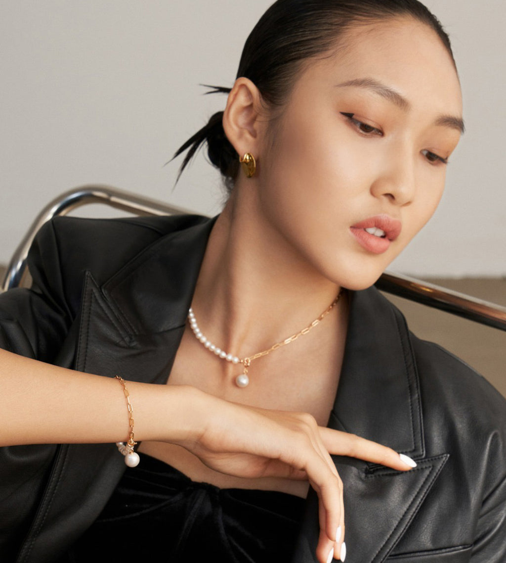 Natural Pearl & Chain Pendant Necklace 18K Gold Plated S925 Silver, Gold Color