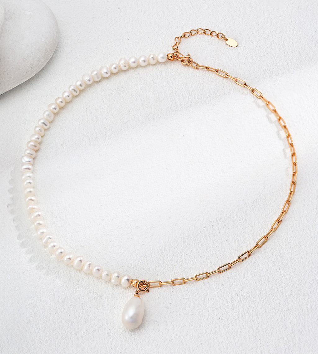 Natural Pearl & Chain Pendant Necklace 18K Gold Plated S925 Silver, Gold Color