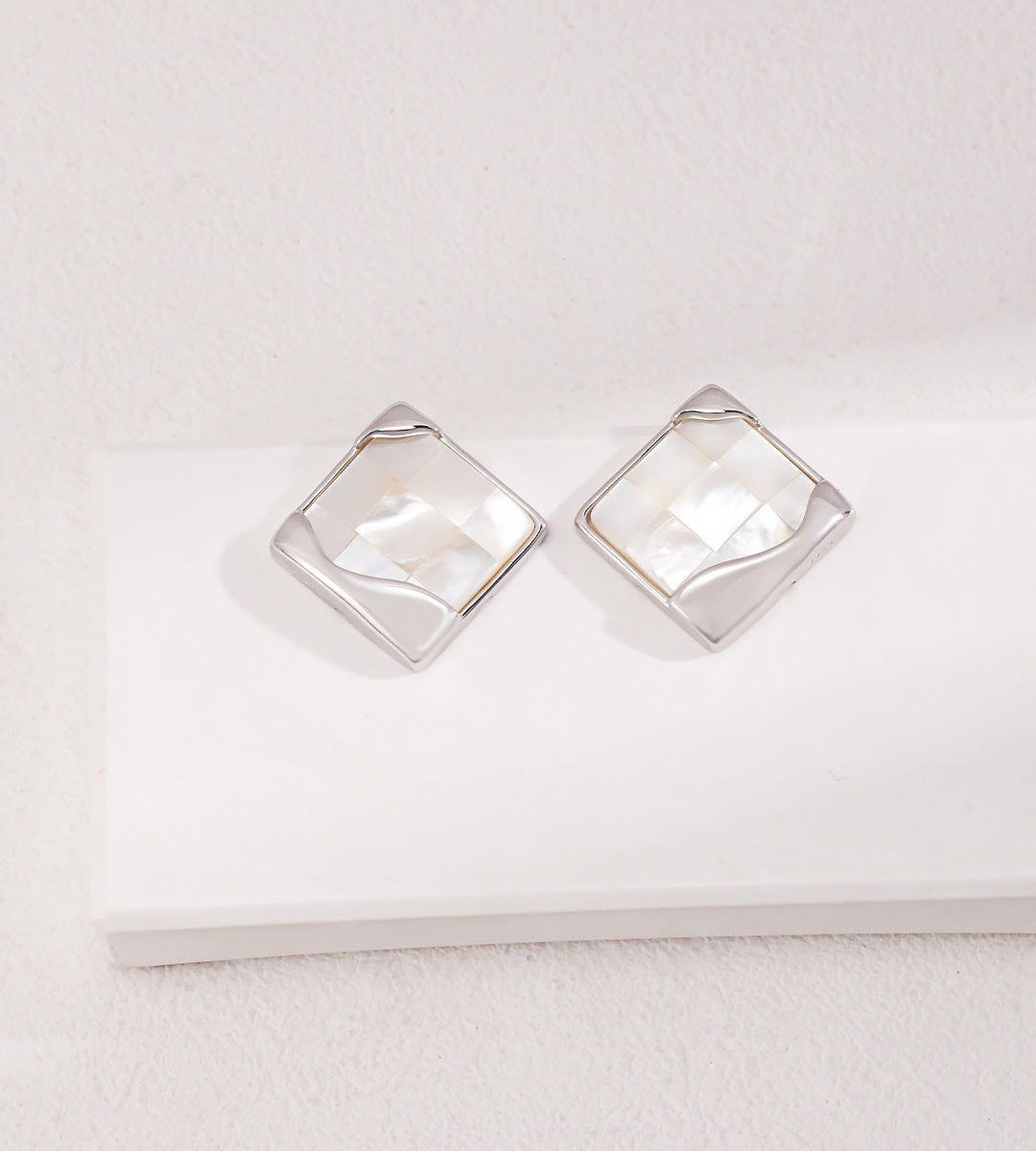 18K White-Gold-Plated over S925 Silver Mosaic Mother-of-Pearl Square Earrings
