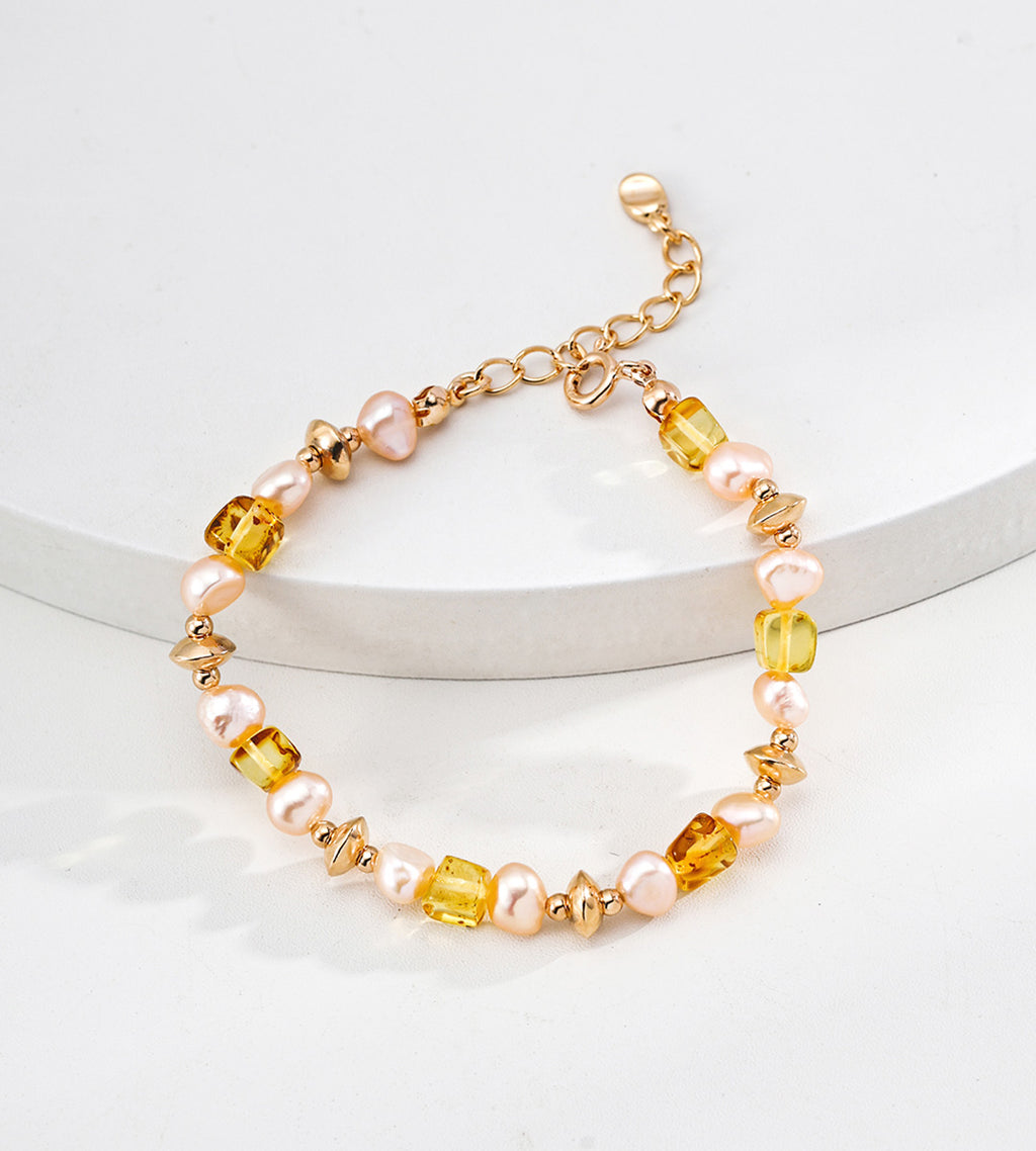 Natural Amber & Champagne Pearl Bracelet 18K Gold Plated S925 Silver