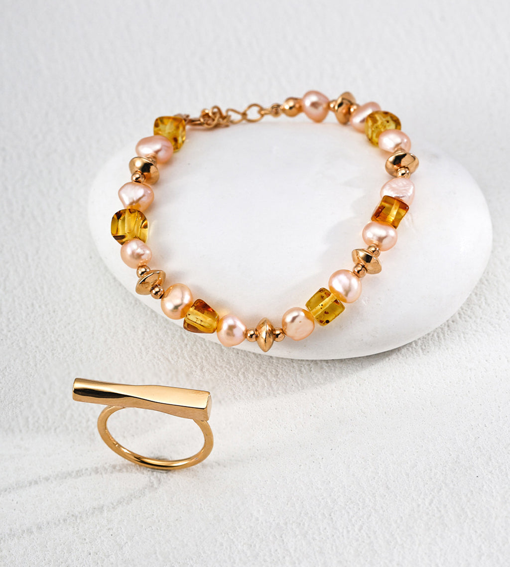 Natural Amber & Champagne Pearl Bracelet 18K Gold Plated S925 Silver
